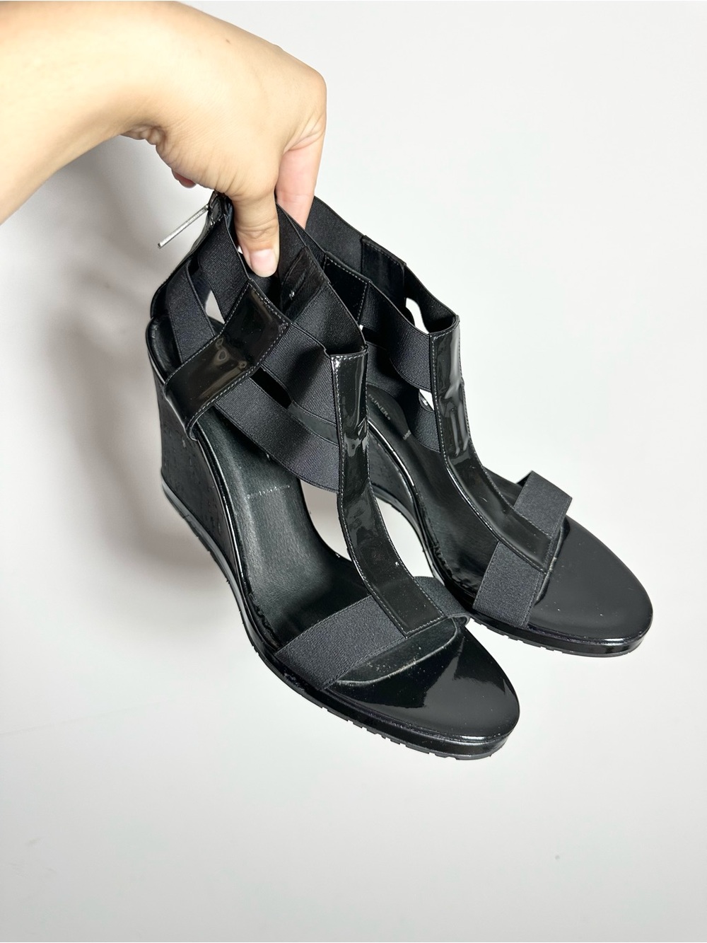 Donald J. Pliner Black Patent Leather Elastic Cork Wedge Heel Sandals